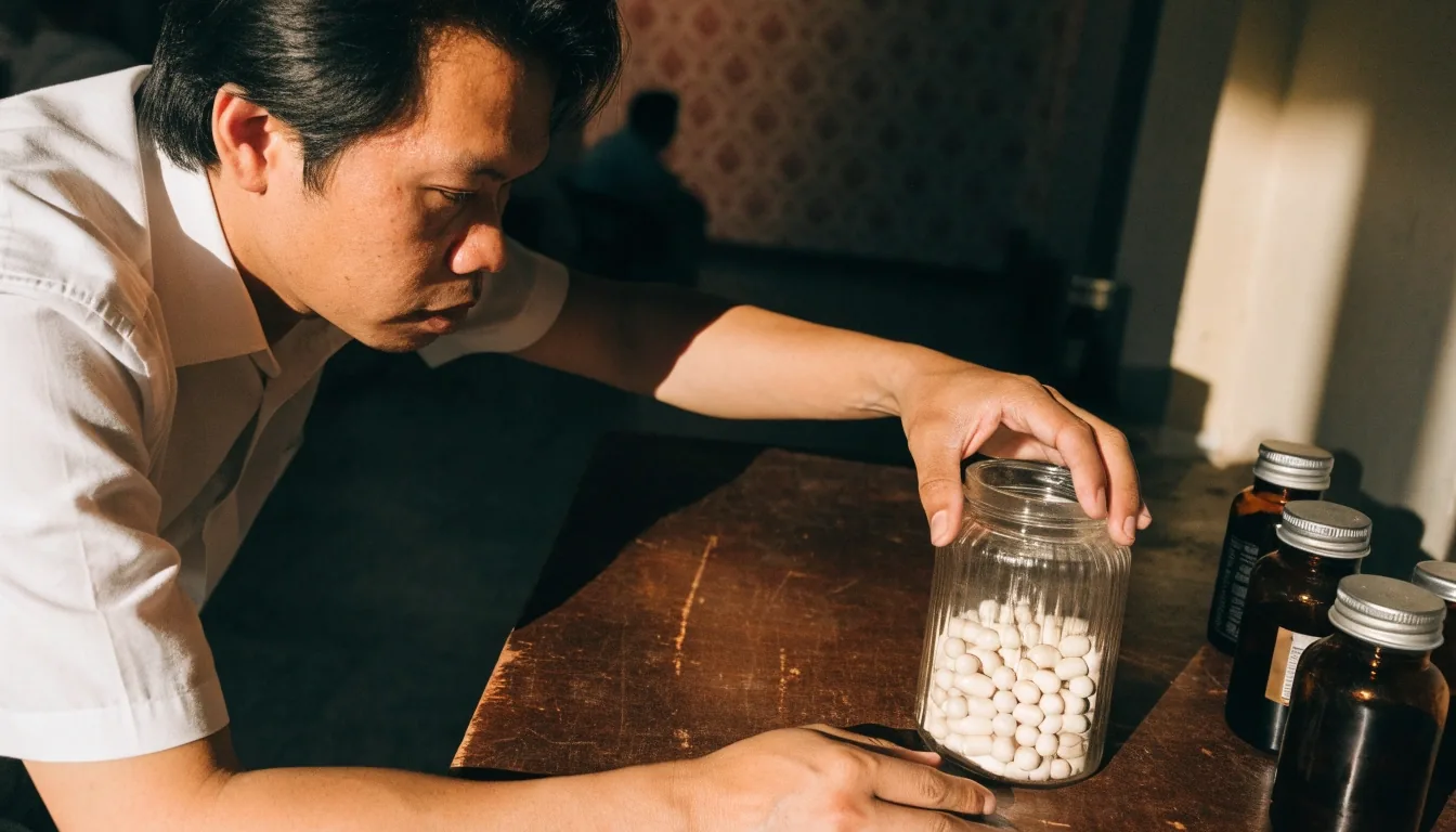 A man sits at a wooden table with his hands on a small stack of blank white cards, lit by warm late-afternoon window light in a Jakarta interior