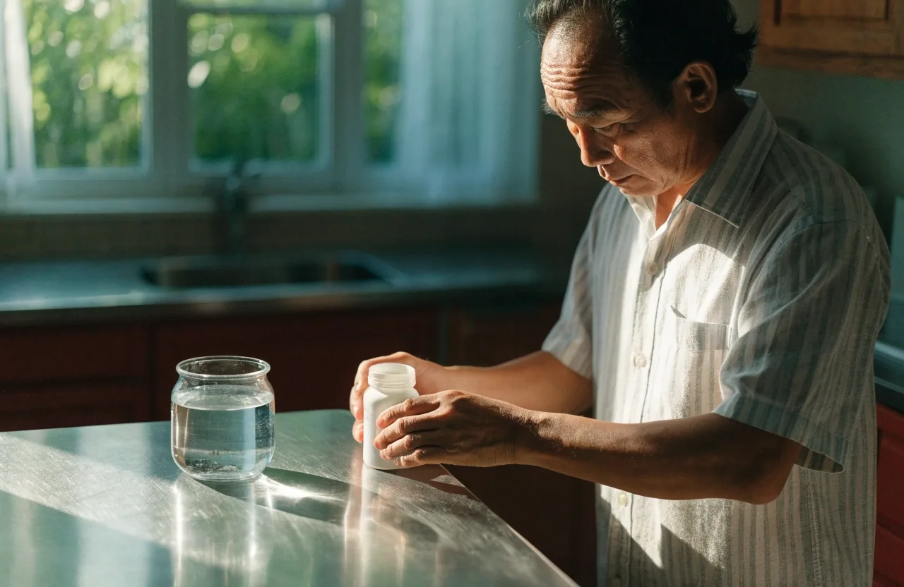 Two plain unmarked supplement bottles and a glass of water on a wooden kitchen counter in morning light