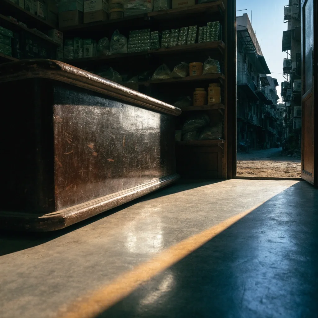 The IndoVigor team's Jakarta editorial office doorway in late afternoon light, with a sunlit street beyond