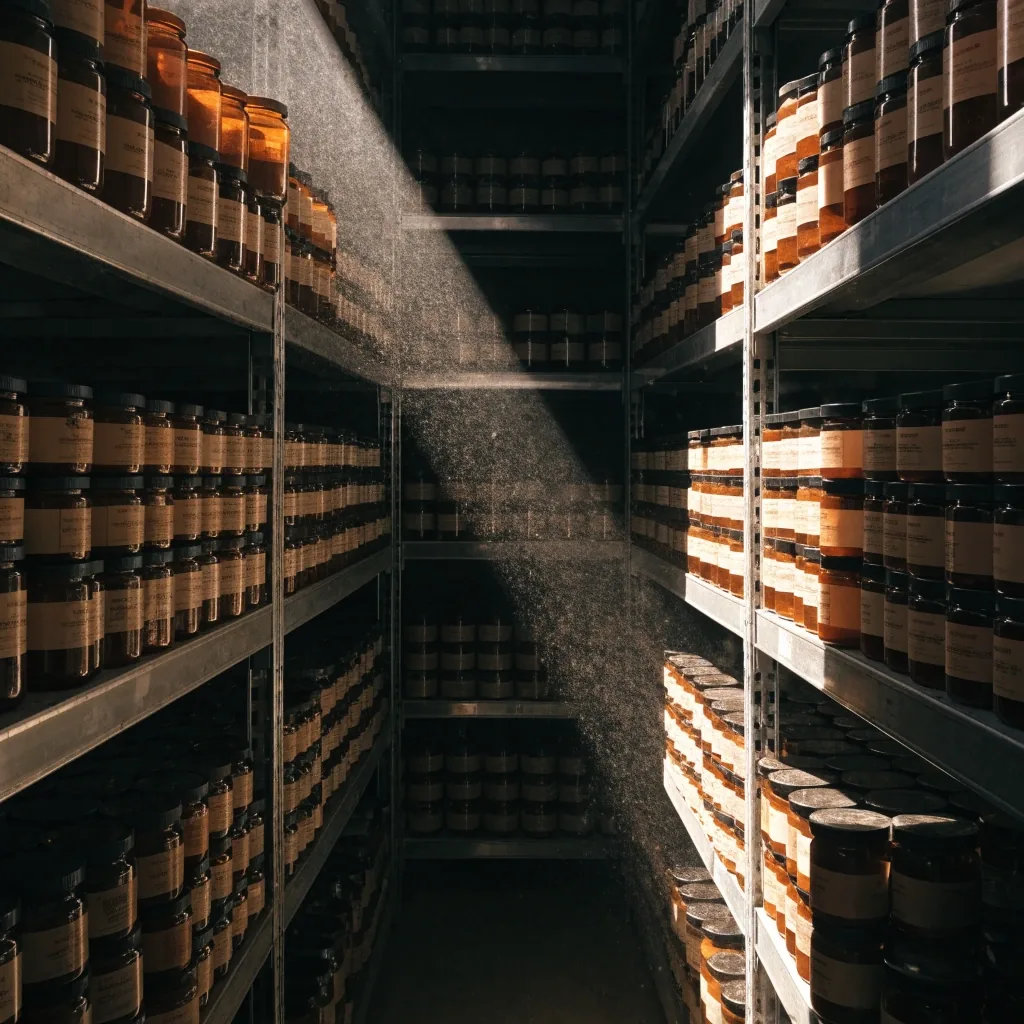 A blur of plain amber and cream supplement bottles along a shelf with one sharp column of light between them