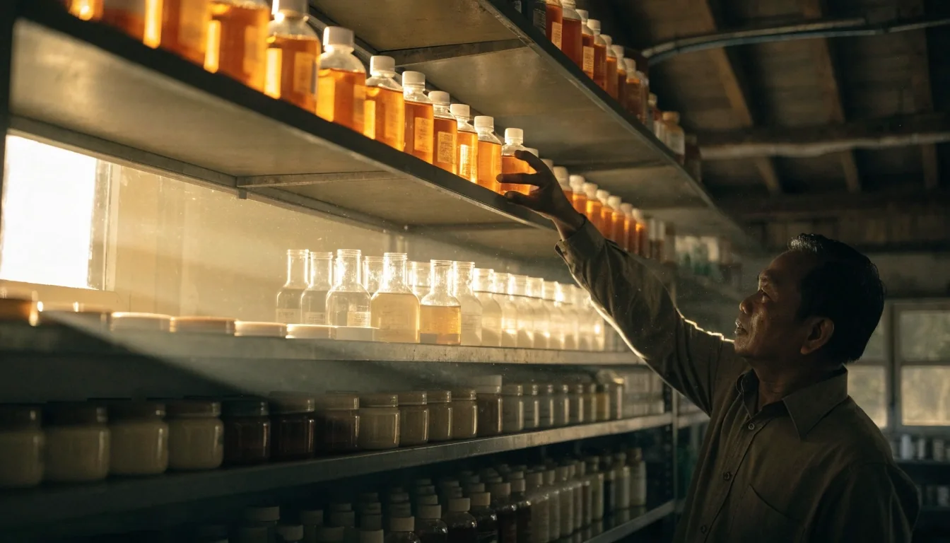 A side-street vitamin and supplement supply interior in Jakarta at golden hour with a wall of plain amber and cream bottles lit by warm side light