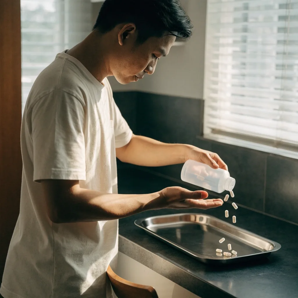Hands lifting a stainless tray of plain cream capsules under a single soft key light