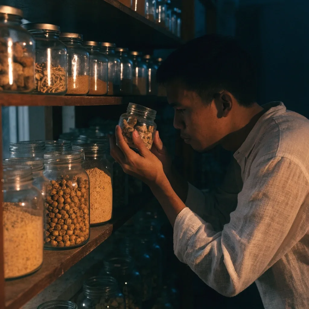 A man inspecting shelves of loose dried roots and earthy powders inside a shadowed Jakarta apothecary loft