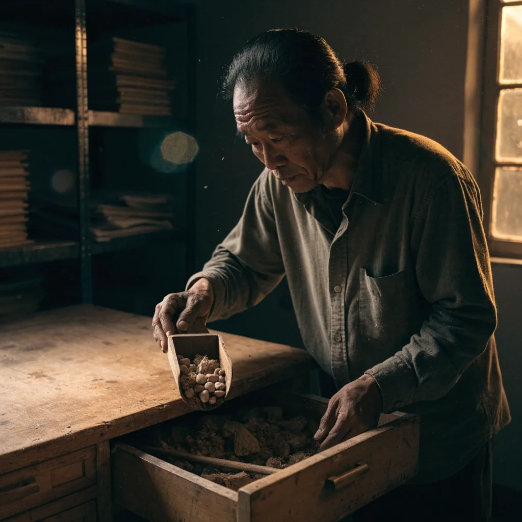An open wooden drawer of shelled seeds, dried root pieces, and small dried fruits in warm side light