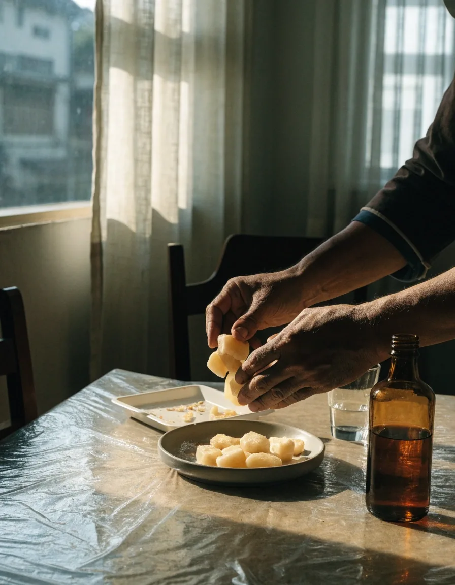 Hands at a wooden kitchen table lifting plain chewable gummy pieces from a tray beside a plain bottle